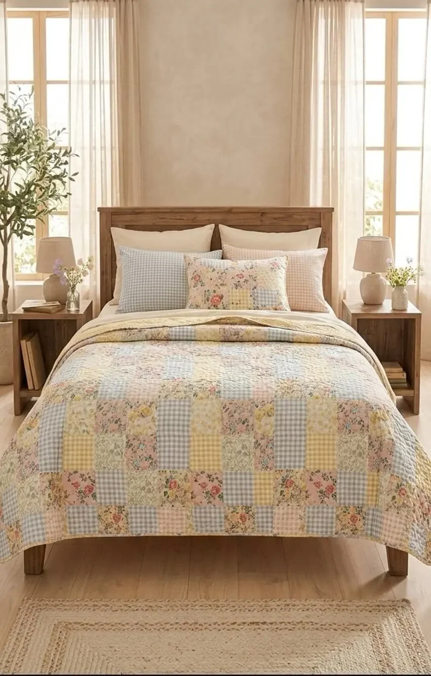 NEW❤️Martha Stewart Patchwork Floral Cotton Fill/Queen Quilt